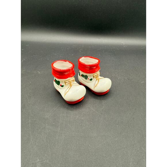 Pair of Vint 50s Japan Ceramic Christmas Santa Boots Toothpick Holders - Picture 1 of 10